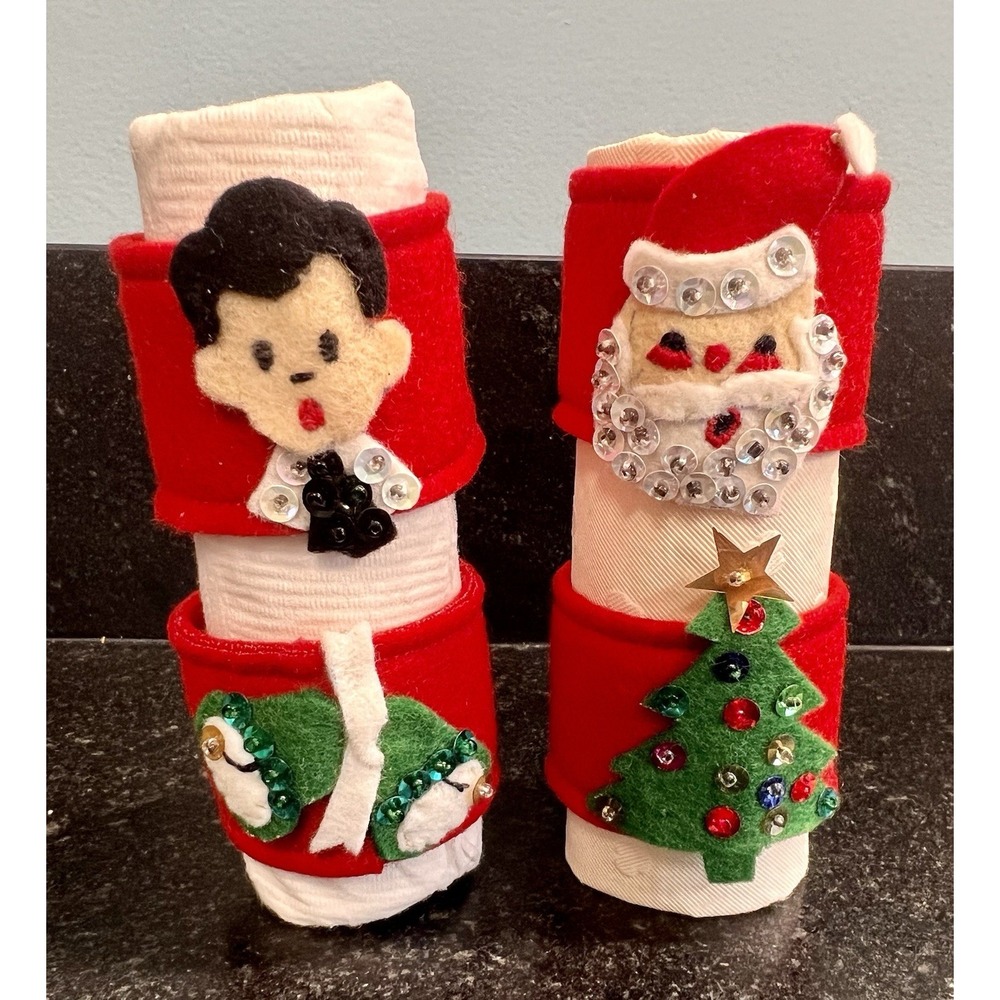Vtg Felt Christmas Napkin Ring Holders‎ Handmade Set Of 4 Red Sequined Holiday